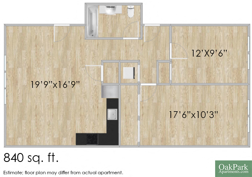 Floor plan for 2 beds, 1 bath, 840 sqft